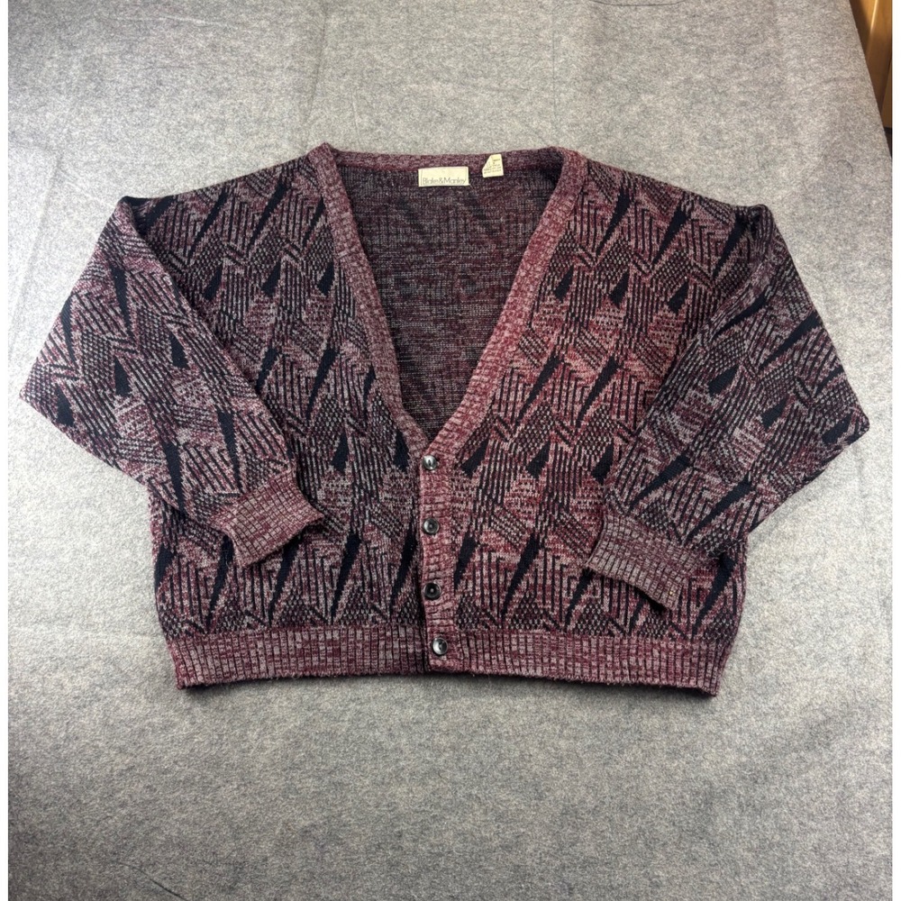 VTG Blake & Manley Geometric Knit Cardigan Men L Burgundy Black Hungary Academia